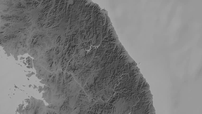 Gangwon do region, South Korea, extruded. Grayscale map