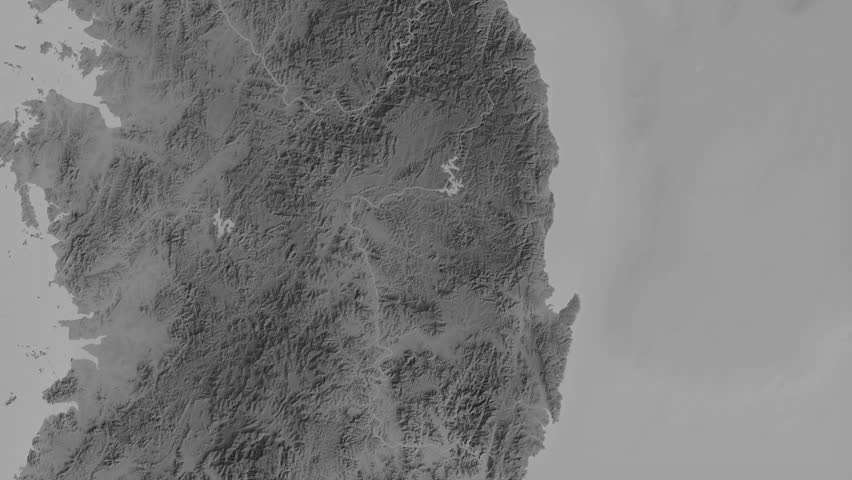 Gyeongsangbuk do region, South Korea, extruded. Grayscale map