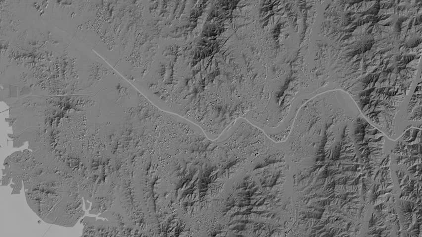 Seoul region, South Korea, extruded. Grayscale map