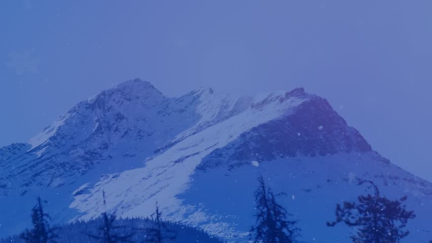 Animation of pink jellyfish over against snowcapped mountains against sky during foggy weather. Digital composite, illustration, abstract, nature, winter, fish, wildlife, animal and aquatic concept.