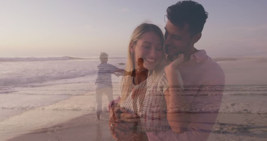 Couple embracing on beach at sunset, featuring floating business analytics chart and heart icon. Romance, serenity, natural, harmony, connection, leisure, tranquility