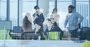 Team gathering around laptop, revealing line graph on world map while scrolling in business meeting. Collaboration, teamwork, data analysis, modernoffice, digitaloverview, globalbusiness, - Powered by Shutterstock - Get 15% off with code: PIKWIZARD15