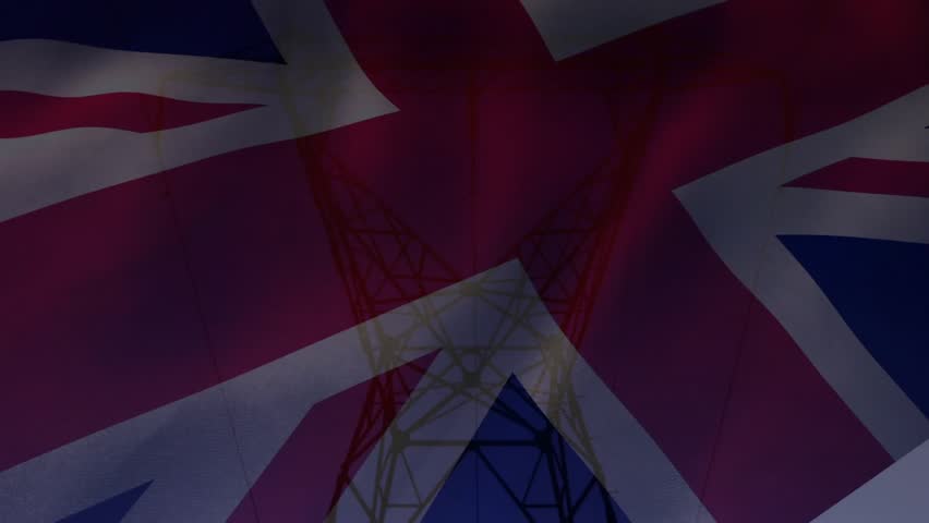 Waving Union Jack flag revealing transmission tower silhouette over shifting dawn sky gradient. Patriotism, infrastructure, industrial, landscape, dawn, twilight, steel