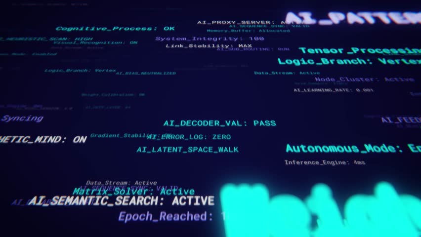 Glowing text with ai data processing on a screen, representing neural network and futuristic tech. Seamless loop