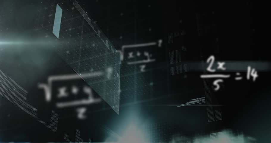 Animation of mathematical equations, lens flares, computer language, graph over abstract background. Digitally generated, hologram, solution, sums, report, finance, business and technology concept.