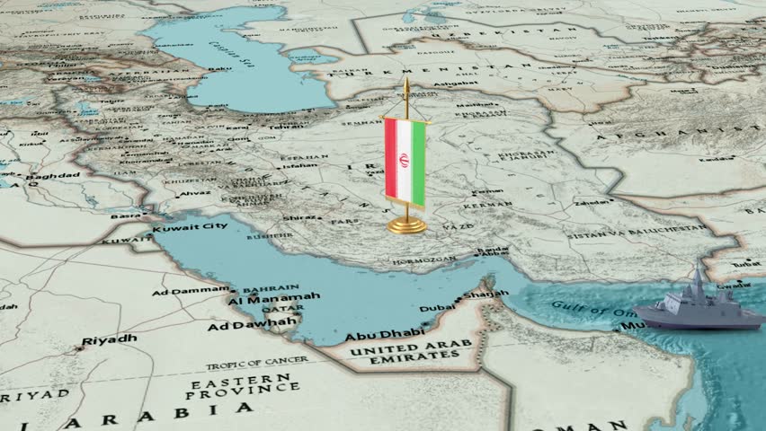 Strategic Map Of Iran With Naval Warship In Persian Gulf Representing Security.