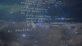 Animation of programming language over connected dots, lens flare against cloudscape. Digital composite, multiple exposure, coding, machine learning, nature, communication and technology concept. - Powered by Shutterstock - Get 15% off with code: PIKWIZARD15