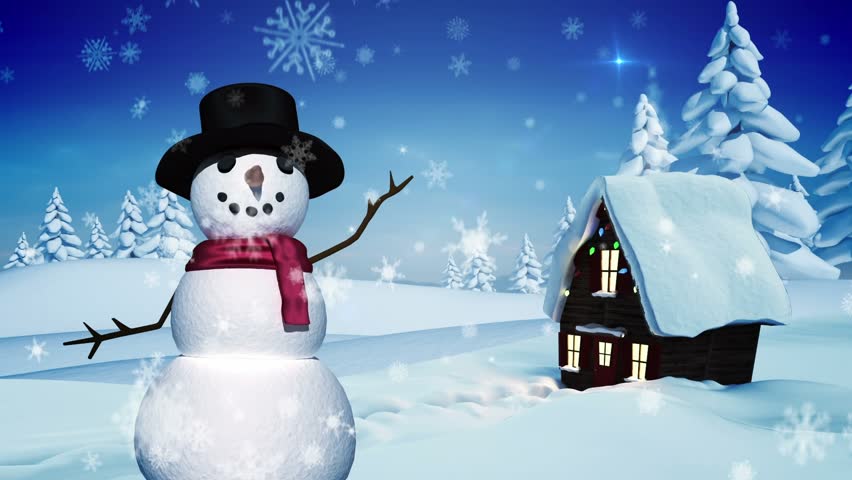 Animation of snow falling over christmas snowman waving and winter scenery. christmas tradition and celebration concept digitally generated video.