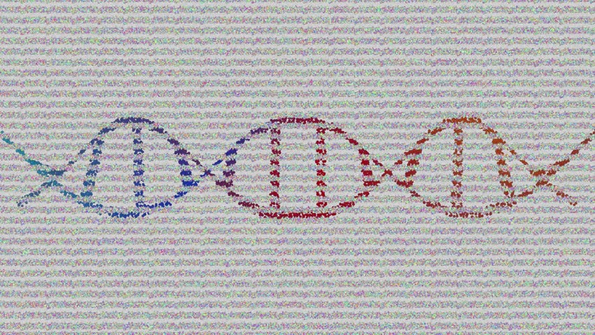 Animation of dna over glitch and grey background. Data processing, science and technology concept digitally generated video.