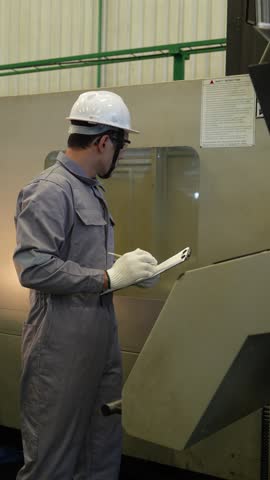 Asian male engineer foreman responsible for operating automatic machinery and inspecting metal cutting machines and automotive parts in an automotive parts manufacturing plant.