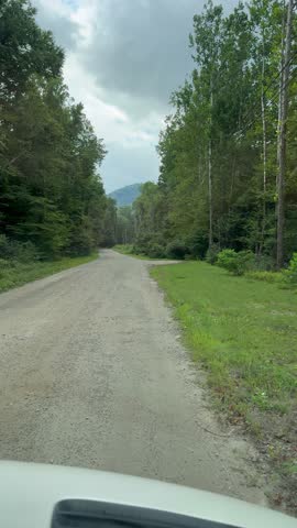 Driving through the woods at a in the Pisgah National Forest near Burnsville, North Carolina USA close to the Blue Ridge Parkway.