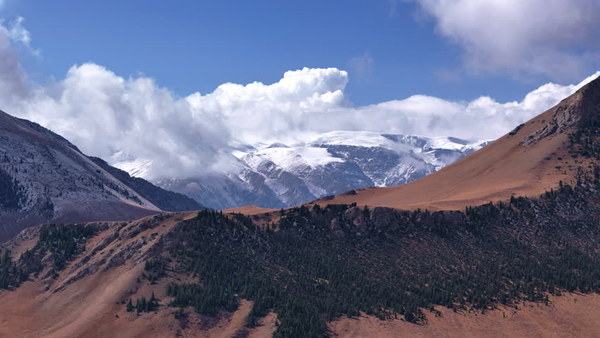Alpine Landscape With Snow Peaks And Forested Slopes Central Asia