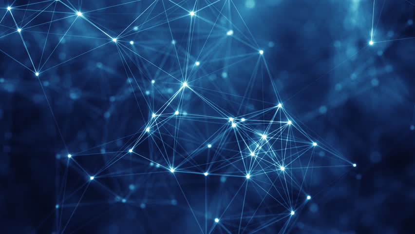 Abstract Digital Network Background With Glowing Nodes And Connecting Lines Representing Data Flow, Artificial Intelligence, Big Data, Cloud Computing, And Modern Technology Communication Systems.