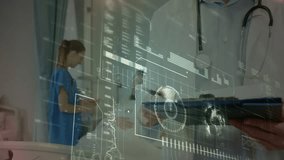 Animation of digital interface over caucasian doctor with patient. Global medicine, technology, data processing and digital interface concept digitally generated video. - Powered by Shutterstock - Get 15% off with code: PIKWIZARD15