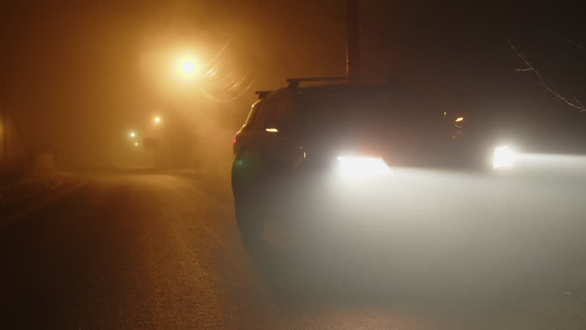 Car with its headlights on in fog parked on side of road at night, hazard lights flashing