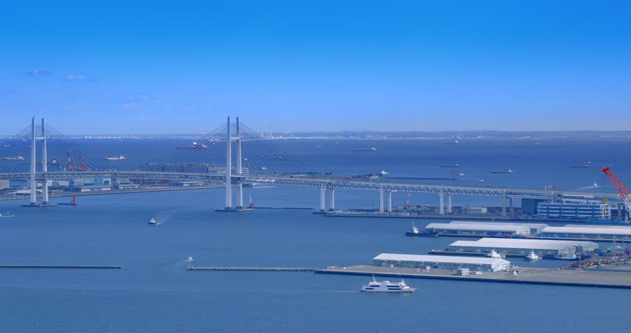 Yokohama Bay Bridge and the sea seen from the top of the building