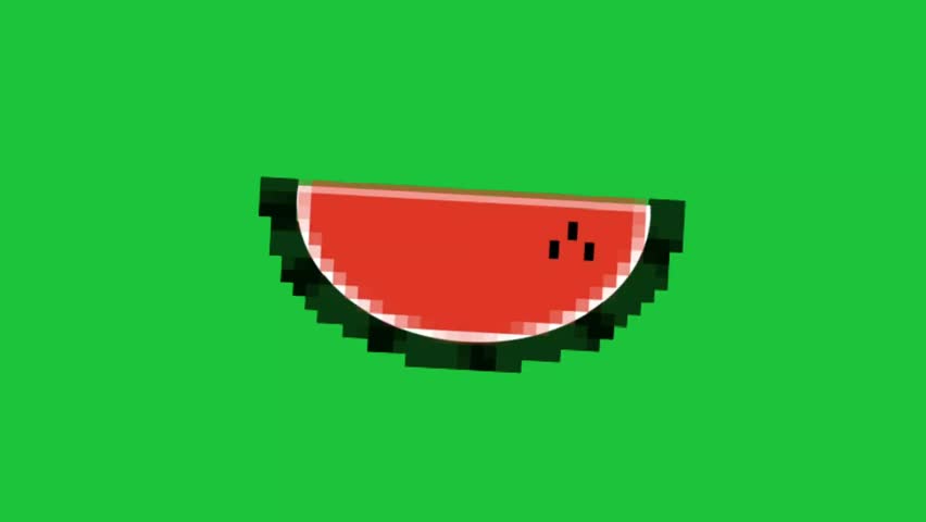 Pixel style watermelon slice animation on green background retro game fruit icon colorful 8bit design loop
