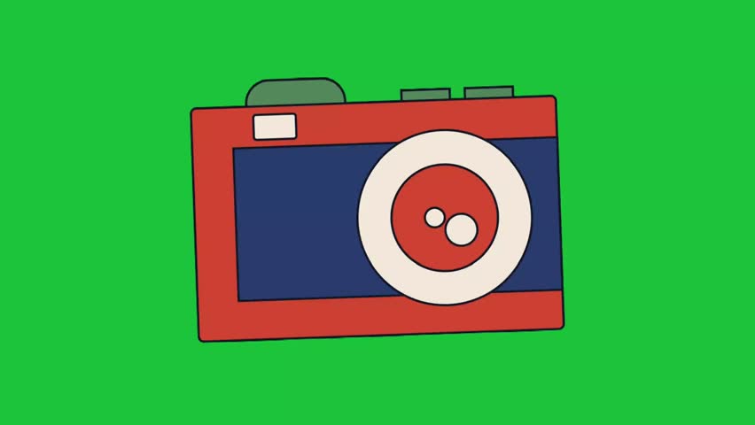 Cartoon photo camera icon animation, simple photography device illustration on green background