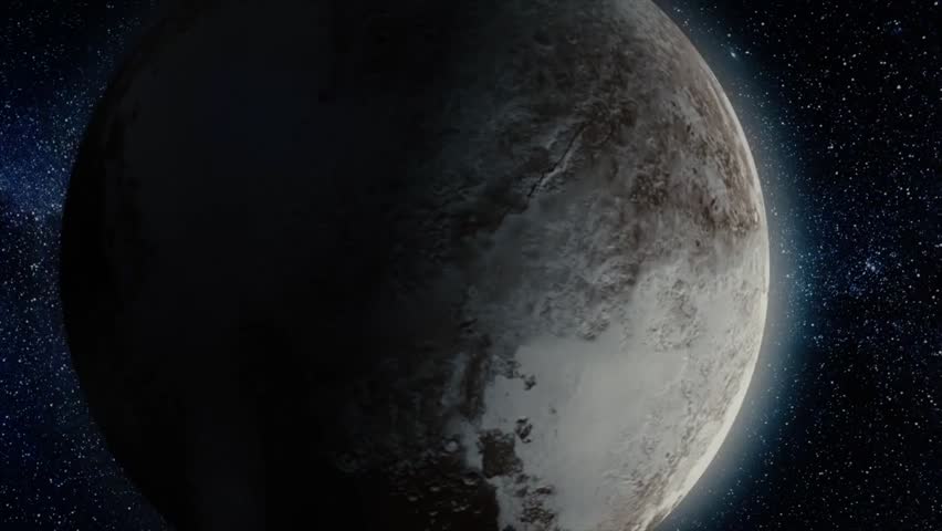Beautiful 3D animation of Pluto rotating in space with alpha channel, detailed surface and realistic cosmic background.