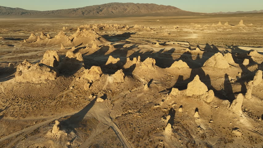 Trona Pinnacles Aerial Shot of Rock Formation Sunset Fly Around California
