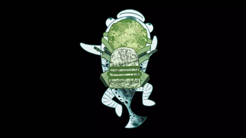 Cartoon soldier fish with camouflage helmet and backpack, humorous military character animation on dark background loop