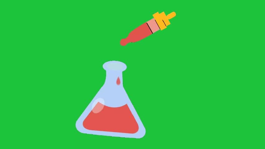 Cartoon lab flask and dropper adding liquid animation isolated on green screen background science experiment icon