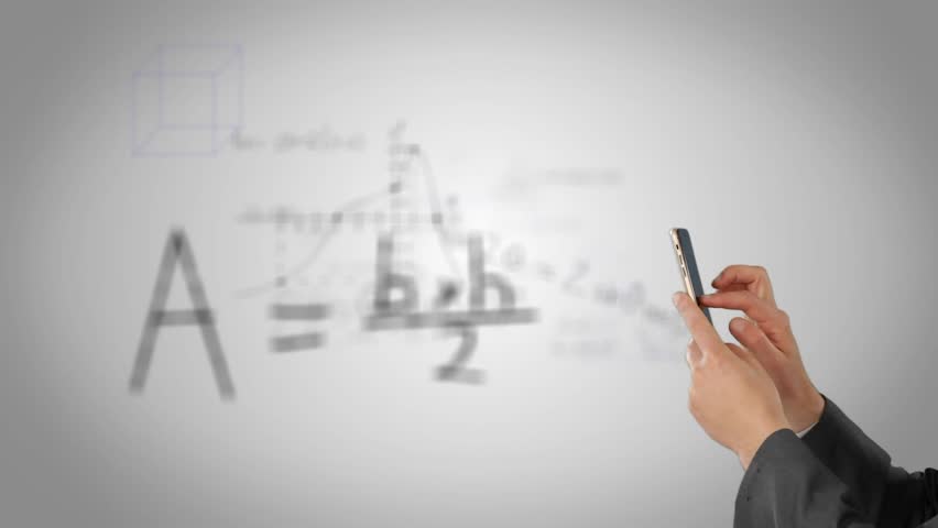 Animation of mathematical equations over hands using smartphone on white backgound. global business, data processing and digital interface concept digitally generated video.