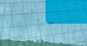 This video is a digitally generated animation of statistics and numbers processing on a screen with squares. A windmill is shown spinning over a green field in the countryside. The video illustrates a - Powered by Shutterstock - Get 15% off with code: PIKWIZARD15