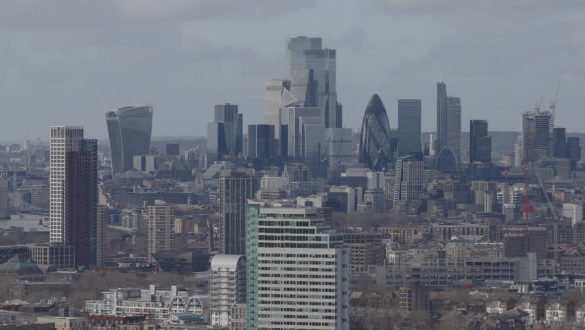 Establishing aerial view of London. Iconic skyline of the capital of the United Kingdom