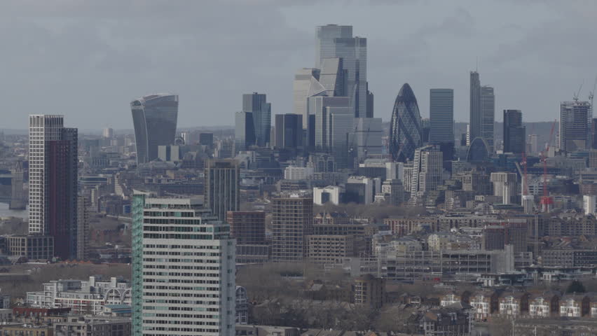 Establishing aerial view of London. Iconic skyline of the capital of the United Kingdom