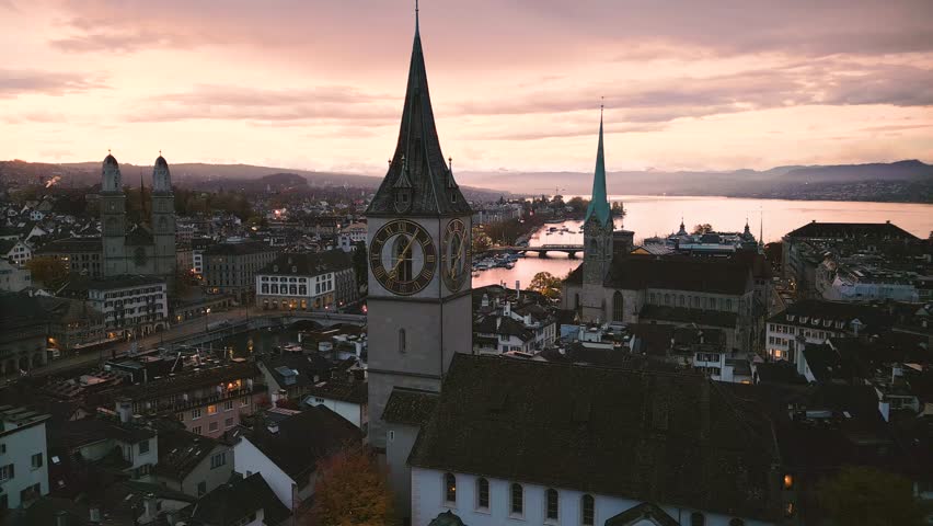 Zurich, Switzerland old town skyline over the Limmat River on an autumn morning.