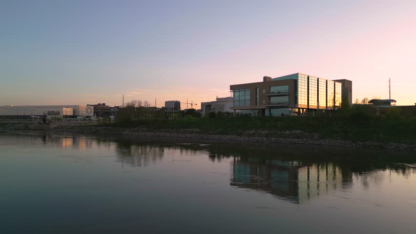 Omaha, Nebraska, USA Skyline on the Missouri River at dusk.