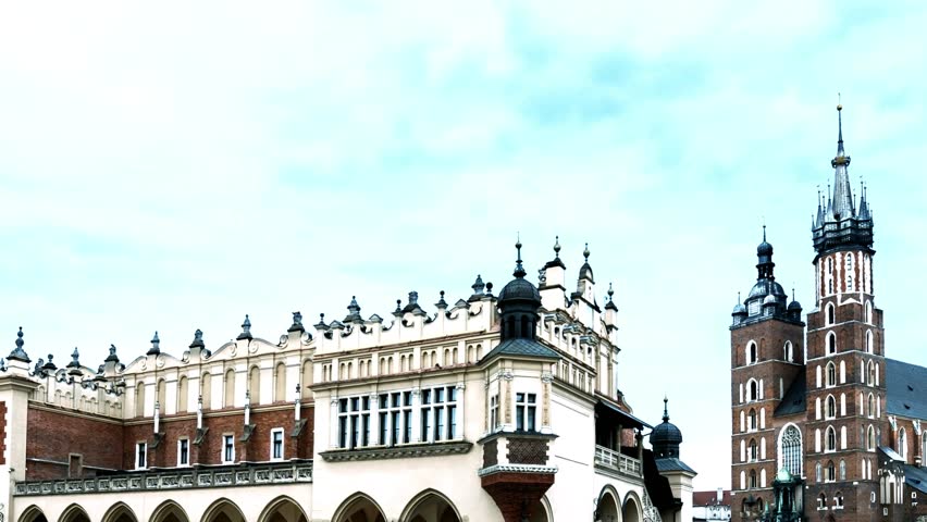 Cloth Hall and St Marys Basilica in Main Market Square Krakow Poland Historic European Landmark Cityscape for Travel and Tourism Use