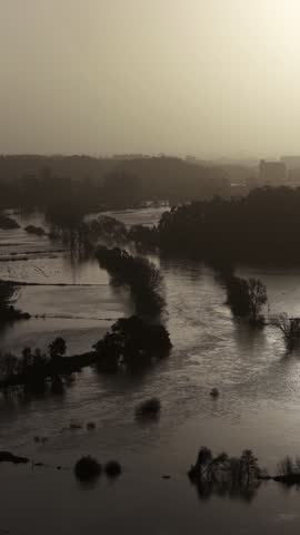 Vertical shot of flooded farming fields in a river on the North of Portugal