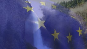 Yellow stars entering sides, shifting, rotating over falls, forming ring and highlighting waterfall. Cascade, canyon, cliffs, forest, mist, conifers, overlay - Powered by Shutterstock - Get 15% off with code: PIKWIZARD15