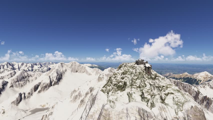 3D - Aerial drone shot of the snow in Lomnicky Peak Observatory in Vysoké Tatry. Slovakia