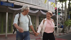 Asian senior couple traveler traveling and exploring the city outdoors. Elderly man and woman tourist walk along street, enjoy leisure time urban travel and joyful experience during holiday vacation. - Powered by Shutterstock - Get 15% off with code: PIKWIZARD15