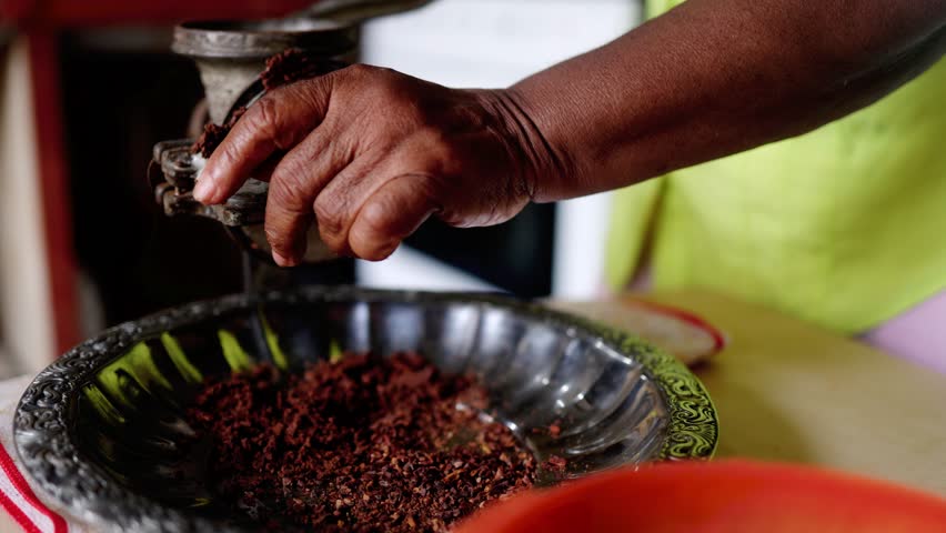 Black woman grinding cacao with traditional hand grinder in Barlovento Venezuela - Artisanal cocoa production