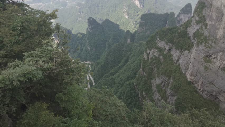A breathtaking highangle shot of the lush green peaks of Tianmen Mountain, revealing the famous winding road below. Ideal for travel documentaries and nature exploration content.