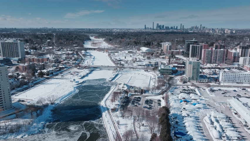 Frozen river view of Port Credit in Mississauga, winter serenity