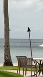 A slow panning shot reveals empty patio tables and chairs overlooking a calm turquoise ocean - Powered by Shutterstock - Get 15% off with code: PIKWIZARD15