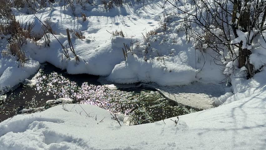 Early spring landscape with thawed river and melting snow. Nature transitioning from winter to spring.