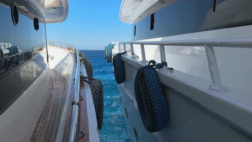 Two yachts rafting up alongside while stop at anchor with fenders and mooring lines in clear blue sea
