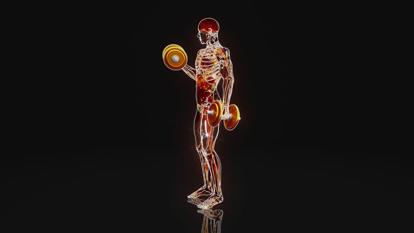 Conceptual 3D animation of a person doing biceps curls