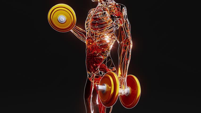 Conceptual 3D animation of a person doing biceps curls