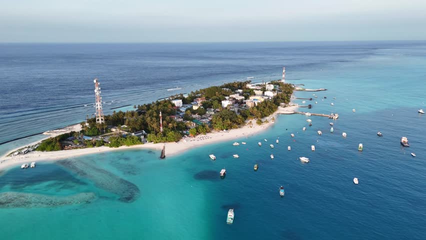 Aerial View of Fulidhoo Island and Reef Lagoon Maldives 4K
