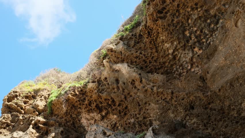 Low-angle shot looking up at rugged sandstone cliffs with green vegetation. Rough rocky walls and coastal flora against the sky, filmed from the beach. Natural geological formation.