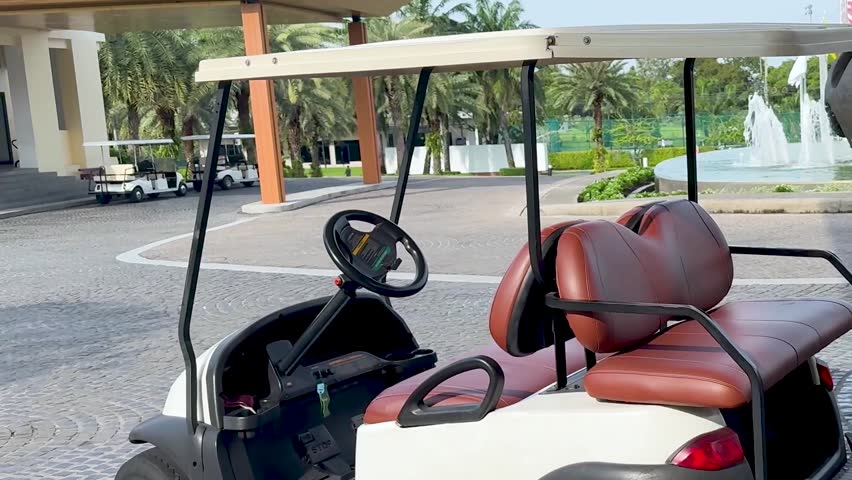 A white golf cart with brown seats is parked near a fountain and palm trees.