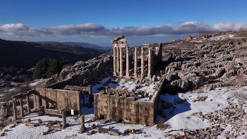 Winter Drone View of Ancient Roman Temple Ruins in Kfardebian, Lebanon