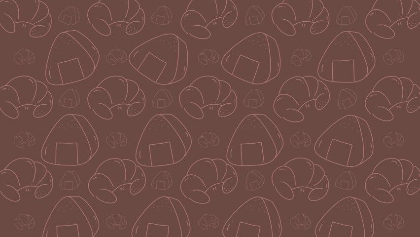 Food doodle with outlined croissants and onigiri on a brown background, suitable for menu design or foodrelated projects. Cheerful and playful design.